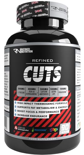 Refined Nutrition Cuts 300mg Caffeine Thermogenic Fat Burner - 90 Vegan Capsules for Weight Management, Energy, Focus & Metabolism Support with KSM-66 Ashwagandha