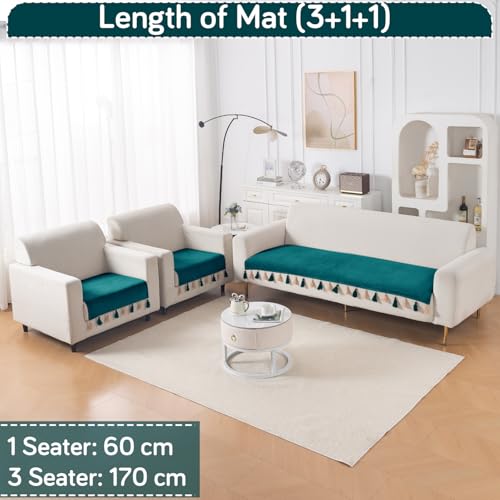 Image of HOKIPO Premium Holland Velvet Sofa Cover 5 Seater Set - Washable 3+1+1 Sofa Cover Mat with Tassel | 'TasselTone Series' | Teal (IN-1108+1104-TL*2)