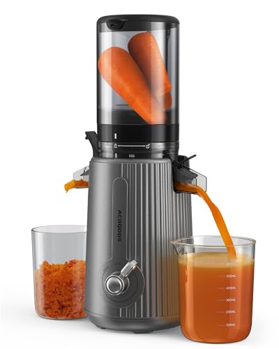 ACOQOOS Licuadoras para Frutas, Extractor de Zumos y Verduras con una Apertura de Alimentación de 110 mm, Fácil de Limpiar Máquina de Jugo Lento con 2 Vasos gris plateado