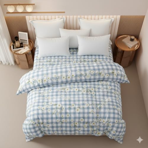Image of MORADO Premium Glace Cotton Single Bed Quilt Cover /Duvet Cover /Rajai Cover /Blanket Cover with Zipper (Blue and Check 60x90 Inches)