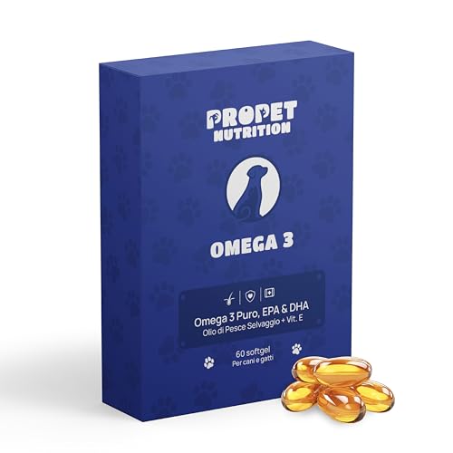 Omega 3 Cani e Gatti. 60 Capsule. Olio di pesce 100% Selvaggio + Vitamina E. Salute del Pelo e delle Articolazioni. EPA e DHA. Antinfiammatorio e Antiossidante