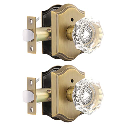Gobrico Privacy Door Lock Sets Crystal Knobs Heavy Duty Door Hardware,Keyless Bath/Bed Door Knobset with Lock Inside,Push Pin Button,Antique Brass Arched Rosette,2 Pack