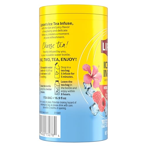 Image of Lipton Ice Tea Infuse Hibiscus Raspberry Citrus Cold Brew Tea Bags for On-The-Go or At Home 10 Tea Bags (Pack of 9)