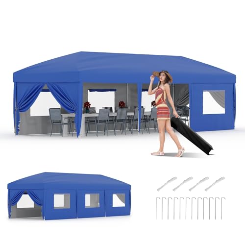 10x30 Pop-Up Awning with 8 Sidewalls - Heavy Duty Outdoor Awning Tent with Portable Rolling Bag - 3 Adjustable Height, 8 Weight Bags, 8 Stakes and 6 Drawstrings, Blue