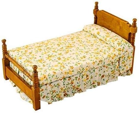 EatingBiting 1:12 Vintage Flower Print Bed, mini House Miniature Furniture Wooden Single Bed Traditional Flower, DIY Scene House Home Furniture Craft Accessoreis