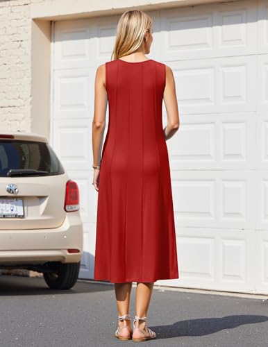 Image of HOTOUCH Summer Casual Dresses for Women Sleeveless Midi Dress Swing Tank Sundress Pleated Tshirt Dress with Pockets