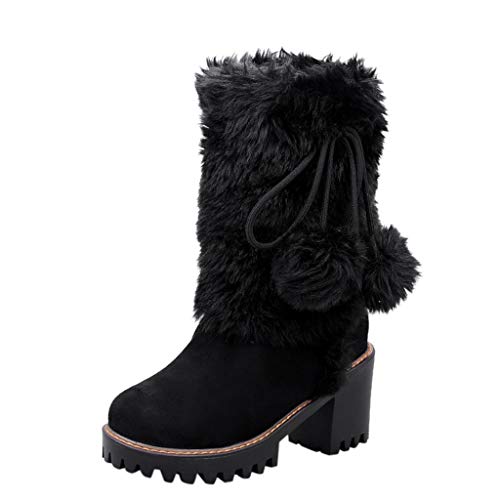 QueenMM Fleece Boots for Women Casual Chunky Heel Anti-Slip Warm Winter Snow Boots