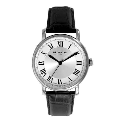Nivada Swiss Reloj para Mujer Carátula Plateada Indicadores Romanos Correa de Piel Genuina Color Negra Textura Lagarto Caja 36MM