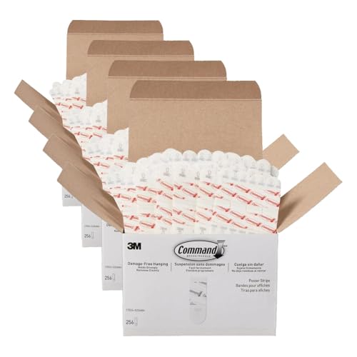 Image of Command Poster Strips, 256 Strips Damage-Free Poster Hangers, No Tools Requried, Great for Home, Room, Wall, Office, and Dorm Decor, White Adhesive (Pack of 4)