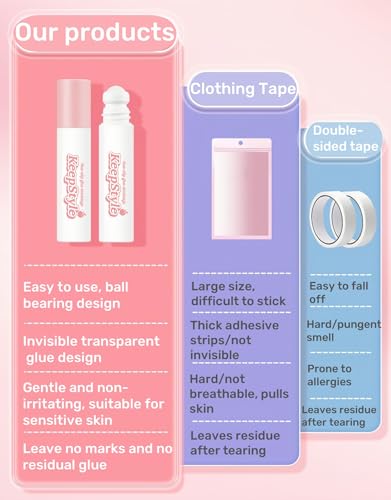Clear Tape Adhesive for Clothes & Skin, Invisible Low Collar Strap Fixing Tape, Liquid Roll On Anti-Slip Glue - Easy to Use and Remove, Long-Lasting, Breathable (3pcs)2