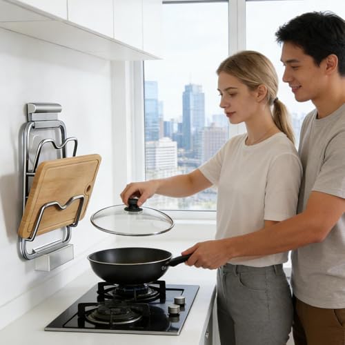 Wall Mounted Organizer, Pot Lid Holder, Heat Resistant Rest with Stainless Build, Drip Tray Storage with Easy Clean, Kitchen Utensil Rack with Space Saving Design, Lid Storage for Stove Counter – Image 3
