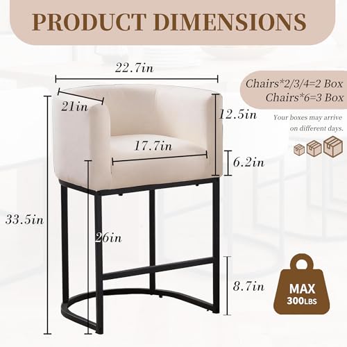 Image of 26 inch Counter Height Bar Stools Set of 1, Linen Fabric Upholstered Barrel Chairs with Back and Arms, Metal Frame Kitchen Island Stools with Footrest, Beige Fabric