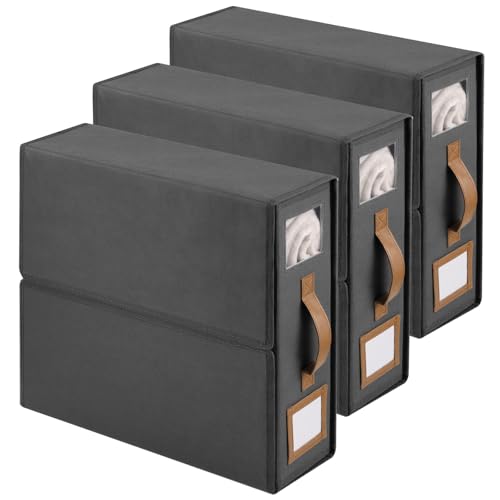 Zocipro 3 Stück Bettwäsche Aufbewahrung Organizer 38 x 32 x 11 5 cm Faltbare Bettlaken Organizer mit Griff und Fenster Bettwäsche organizer Box für Laken Bettbezüge Decken und Handtücher Grau
