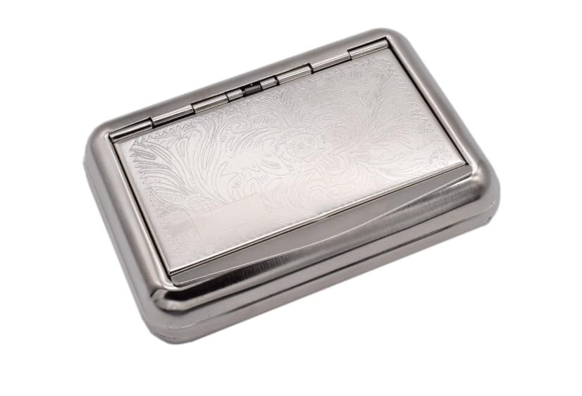 Stainless Steel Cigarette Case Embossed Silver Metal Tobacco Tin and Cigarette Case for Roll Ups Kingsize Cone Holder and Rolling Papers King Size Box. Boxes for Hand Rolled Extra Slim Cigarettes
