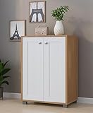 LERIMO 2-Door Engineered Wood Shoe Rack, 4-Tier Wooden Shoe Rack for Home, Shoe Storage Cabinet with Doors Adjustable Shelves, Wooden Shoes Rack Organizer (Wotan Oak & White)