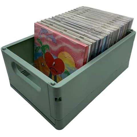 Record-Happy Collapsible Storage Box Organizer Basket - Folding Small Bin for Office Desk Kitchen Bedroom - CD DVD Compact Disc Case Holder Plastic Stackable Mini Crate (green) Cover