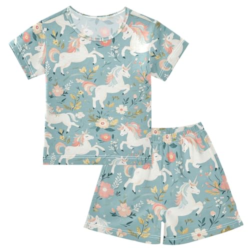 ALAZA Flower Unicorn Cartoon Floral Pajamas Set Short Sleeve Cotton Sleepwear Summer Pjs 2 Piece 5-14Y