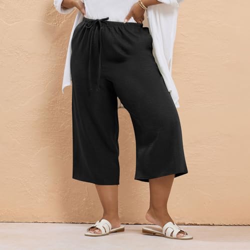fanmpghleoo Linen Capri Pants for Women Plus Size Wide Leg Carpis wiht Pocets Drawstring Elastic Waist Cropped Pants Summer2
