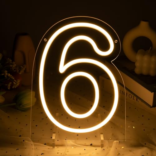 Image of Number 6 LED Neon Sign Backdrop Birthday Party Decoration, 11.3 inch 11.3 inch Height Warm White Marquee Six Numbers Light Up Sign for Wedding Anniversary Window Wall Table, Indoor Battery Operated or USB