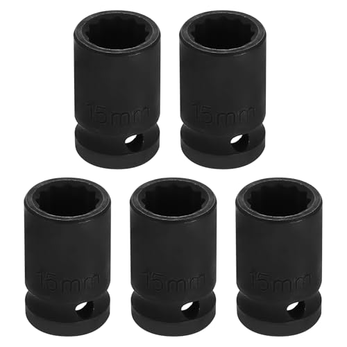 Image of HARFINGTON 5pcs 1 /2 inch Drive x 15mm Shallow Impact Socket 12-Point Metric CR-V Steel Spindle Nut Impact Flip Sleeve for Home Auto Nuts Bolts Repair