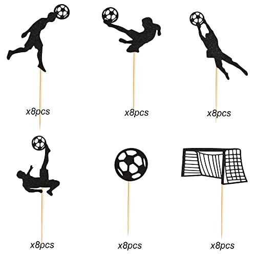 Arthsdite 48Pcs Soccer Cupcake Toppers Black Glitter Football Cupcake Picks Sports Theme Soccer Party Baby Shower Boy Men Birthday Cake Decoration #TOP1