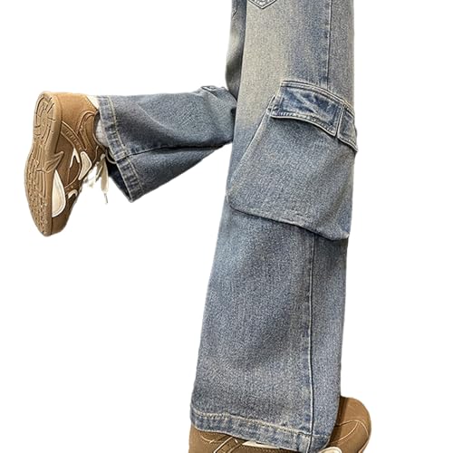 Tween Girls Cargo Jeans-Elastic Waistband Wide Leg Y2k Pants with Big Side Pockets, Baggy Jeans for Girls3