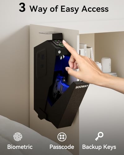 Gun Safe, Mounted Biometric Pistol Safe Drop Down Gun Lock Box for Handgun with 3 Ways Quick Access Bedside Pistol Case for Nightstand, Desk, Wall, Dresser