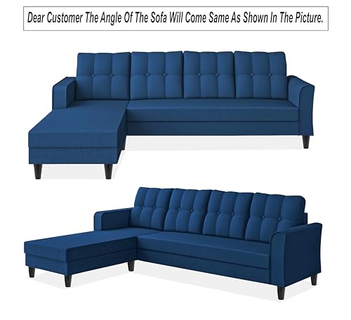 Image of Adorn India Maddox Tufted L Shape 5 Seater Chenille Sofa Sofa Set LHS (Blue) (3 Year Warranty)