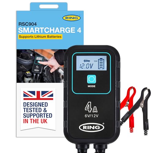 RING SMARTCHARGE 4A Car Charger & Maintainer With Crocodile Clips & Built-In Hanging Hook - Compatible With Lithium Ion, Lead Acid, Gel, Calcium, EFB & AGM Batteries