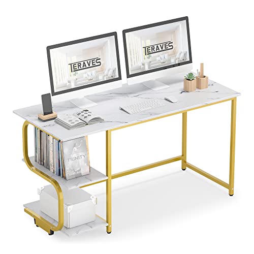 Teraves Reversible Computer Desk For Small Spaces,Small Desk With Shelves,55 Inch Gaming Desk Office Desk Bedroom Desk For Home Office #TOP24