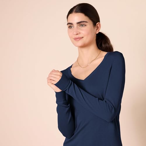 Amazon Essentials Damen Regular-Fit Leichter Langarm-Pullover V-Ausschnitt (In Übergröße Erhältlich), Marineblau, L