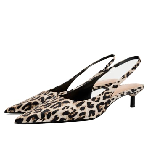 Cantianshu Fashion Leopard Print Slingback Pumps Shoes for Women Pointed Toe Kitten Heels Slip On Work Pumps Close Toed Small Heels Wedding Party Casual Dress Shoes Leopard Size 42