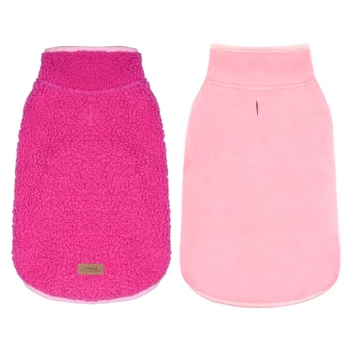 Image of cyeollo Sherpa Dog Coat Reversible Dog Jackets for Small Dogs, Fuchsia, L | Warm Fleece Winter Sweater, Turtleneck Pet Vest, Adjustable Fit, Easy On & Off, Leash Hole for Cold Weather Outdoor Walks