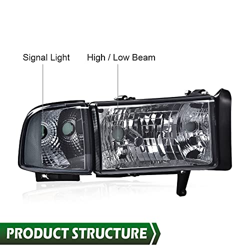 Image of GRAND ORANGE Headlights Assembly, Compatible with Dodge Ram 1500 2500 3500 1994 1995 1996 1997 1998 1999 2000 2001 2002 Black Housing Clear Corner Lamps（Smoky lens Chrome Housing Clear Reflector）