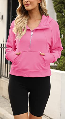 Womens Hooded Pullover Sweatshirts Half Zipper Crop Hoodie Fleece Lined Collar Zip Up Hoodies Cropped Long Sleeve Tops #TOP3