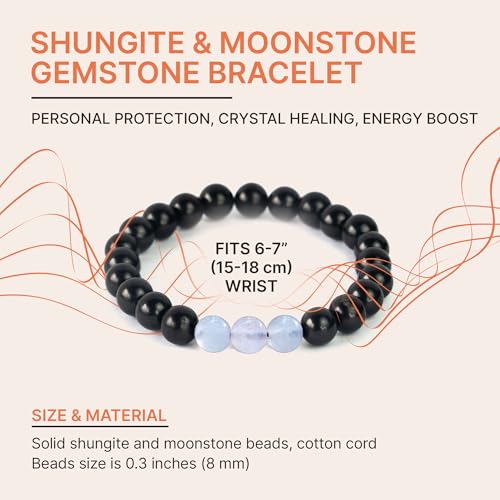 Karelian Heritage Shungite & Moonstone Stretchy Stone Bracelet for Women | Authentic Shungite Crystal Jewelry | Protective Powerful Defender Stone Bracelet | Healing Crystal BO312