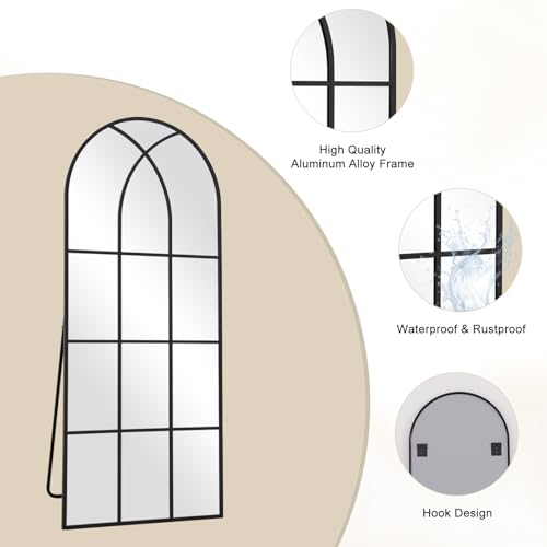Image of Arched Window pane Full Length Mirror 30 inchx71 inch, Full Body Standing Mirror, Window Shaped Farmhouse Style with Aluminum Frame, Decor Wall Mirrors for Living Room, Courtyard, Bedroom, Entryway, Black