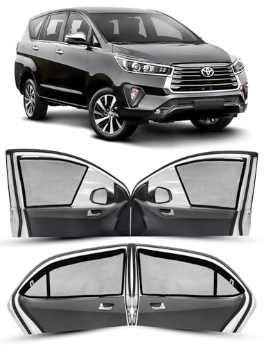 Image of Autofact Magnetic Car Sunshades Compatible with Toyota Innova Crysta (2016 to 2024) (Set of 4) - Easy Installation, UV Protection (Front 2 Half-Cut for Side Mirror Visibility, Rear 2 with Zippers)