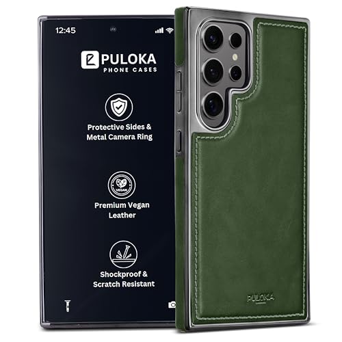 Image of PULOKA Chrome Leather Back Case - Compatible with Samsung Galaxy S25 Ultra - Luxury Bumper Case - Flexible Vegan Leather - Electroplated Sides - Full Camera Protetection & Raised Edges - Green