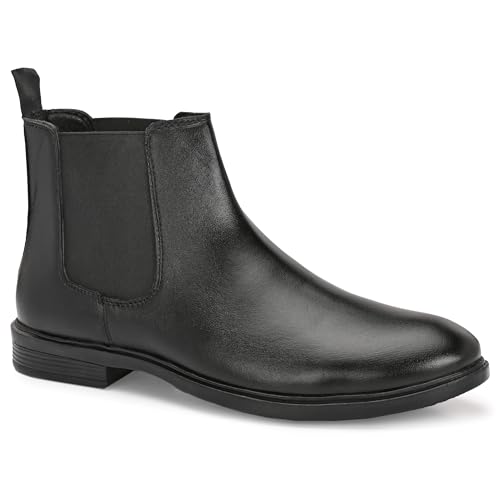 Image of Men's Chelsea Boots, Black Leather, Elastic Side Panel, Pull-On Style, Low Heel