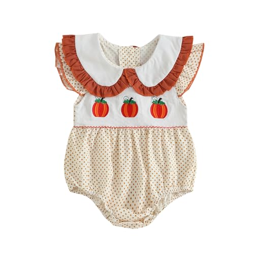 Image of Lenjindjer Baby Girl Halloween Outfit Pumpkin Embroidery Doll Collar Fly Sleeve Dot Smocked Bubble Romper Fall Bodysuit 0-18M