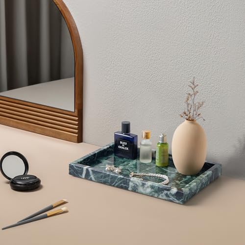 Image of Real Natural Marble Tray for Bathroom, Vanity, Kitchen and Desktop, Rectangle Genuine Marble Stone Tray for Jewelry, Cosmetics, Candles, Lotion, Perfume (Snowflake-Green, 12 inch x 8 inch x 1.2 inch)