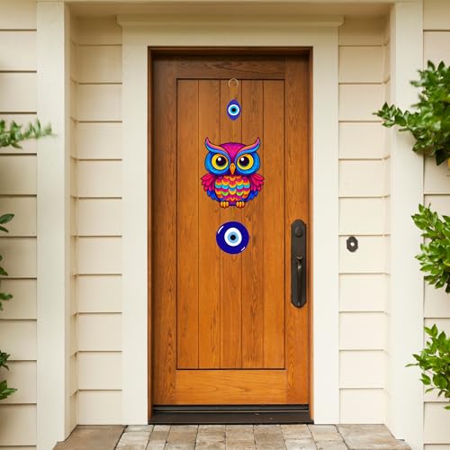 Image of Genxtra Colorful Owl Evil Eye Wall Hanging - Vibrant MDF Decorative Art for Home, Living Room & Balcony | Protection & Positive Energy Wall Decor