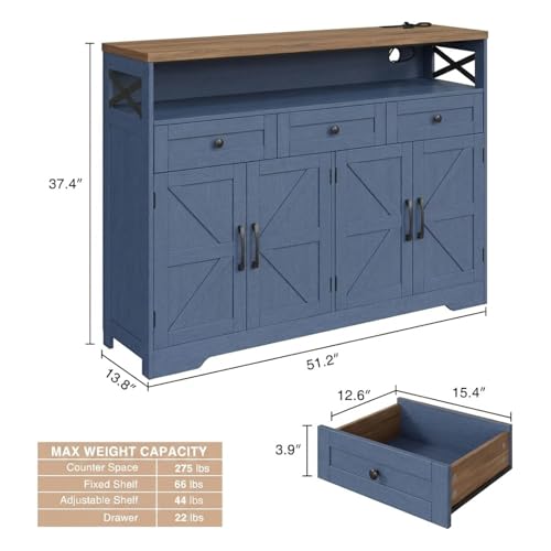 Image of 51 inch Blue Buffet Sideboard Cabinet, Farmhouse Storage Cabinet Kitchen Pantry | with Shelf and Drawers, Wood Cupboard Hutch Cabinet, Coffee Bar Station Table for Kitchen, Living Room, Dining Room