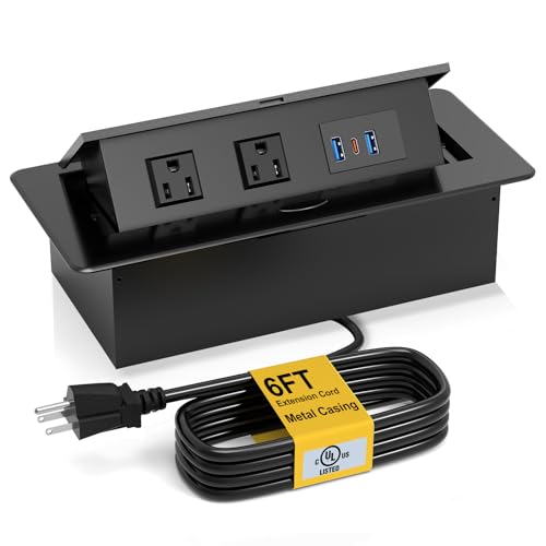 Regleta empotrable con tapa desplegable, con 2 tomas, 1 puerto USB C 20W y 2 puertos USB A, con carcasa de acero inoxidable para escritorio, color negro