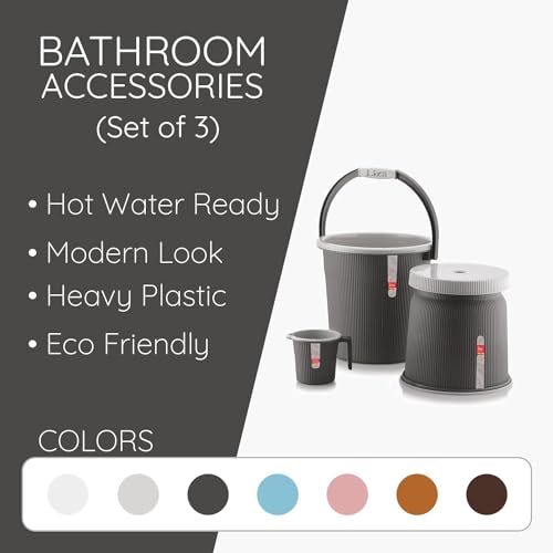 Image of Plastic Bathroom Set with Mug Patla /Stool | Bath Accessory Set (20 Liter Bucket+ 1 Liter Mug+Big Stool) (Dark Grey)