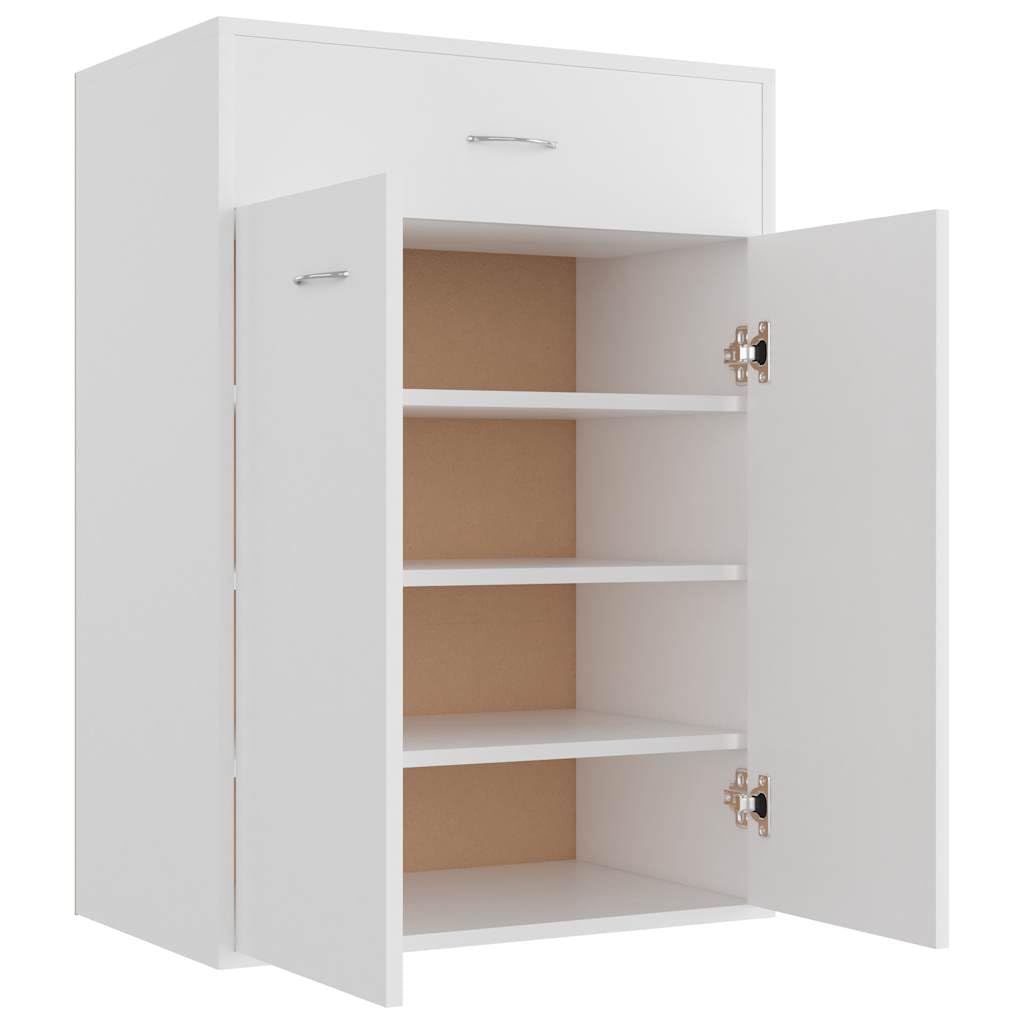 Szafka na buty, biała, materiał drewnopochodny z 4 półkami, szufladą, 2 drzwiami, 60 x 35 x 84 cm, wąski stojak na buty, zamknięta półka na buty, organizer do przedpokoju i sypialni