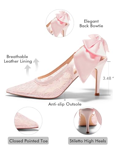 Coutgo Womens Slingback High Heels Bow Closed Pointed Toe Lace Patchwork Party Dress Shoes4