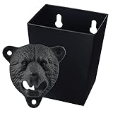 Jumiok Black Cast Iron Wall Mount Bottle Opener Grizzly Bear Teeth Bite with Narrow Stainless Steel Cap Catcher Bucket for Wood Post Table