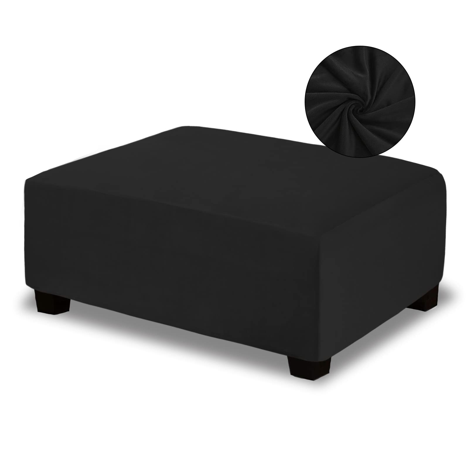 NeColorLife Velvet Ottoman Cover, Stretchable Footrest Slipcover with Elastic Band, Thick Stool Cover for Rectangle or Square Storage Ottoman (Medium, Black)